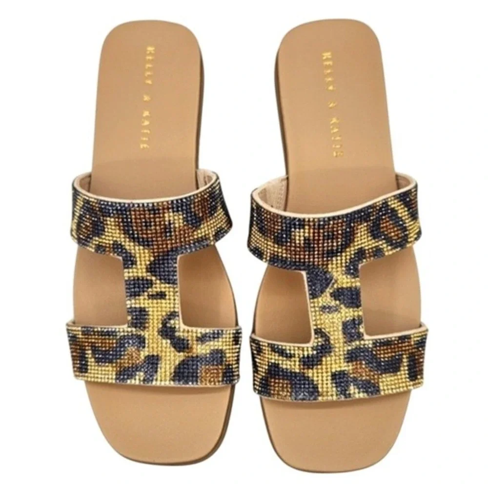 Kelly &‎ Katie Frillian Leopard Rhinestone Slide Sandals Tan Women's9M